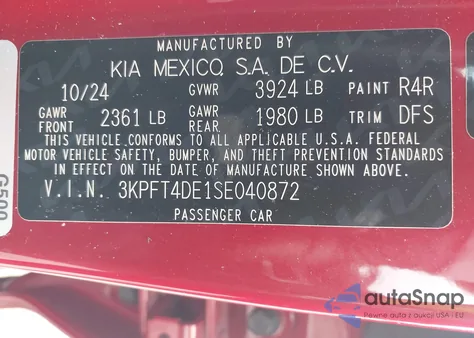 2025 Kia K4 Lxs z USA, uszkodzony, nr VIN 3KPFT4DE1SE040872